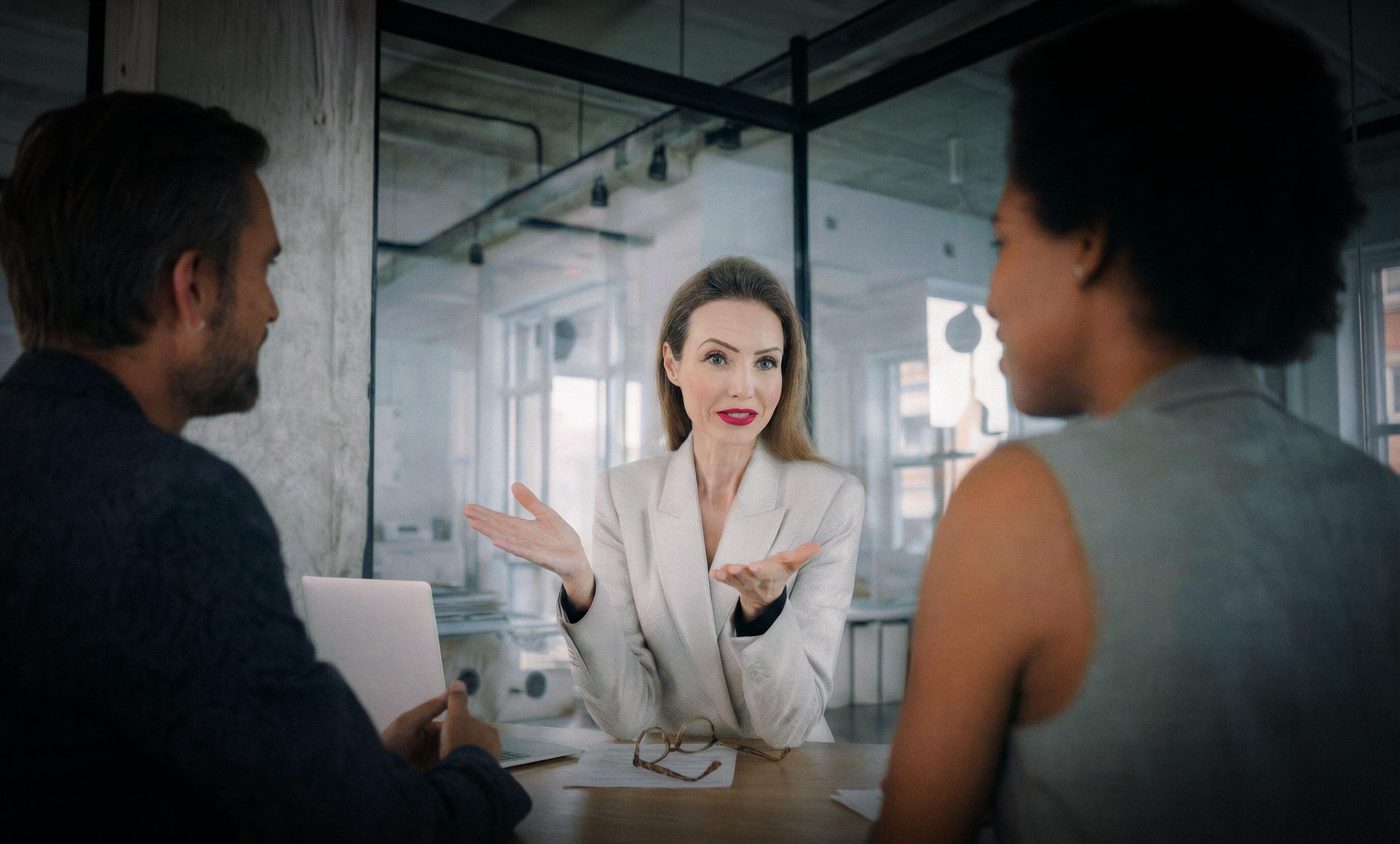 Angeregte Beratungssituation einer jungen, lächelnden Beraterin mit zwei weiteren Personen, die ihr in einem modernen Loft-Büro gegenübersitzen. Marina Adler – Marketing mit Weitblick